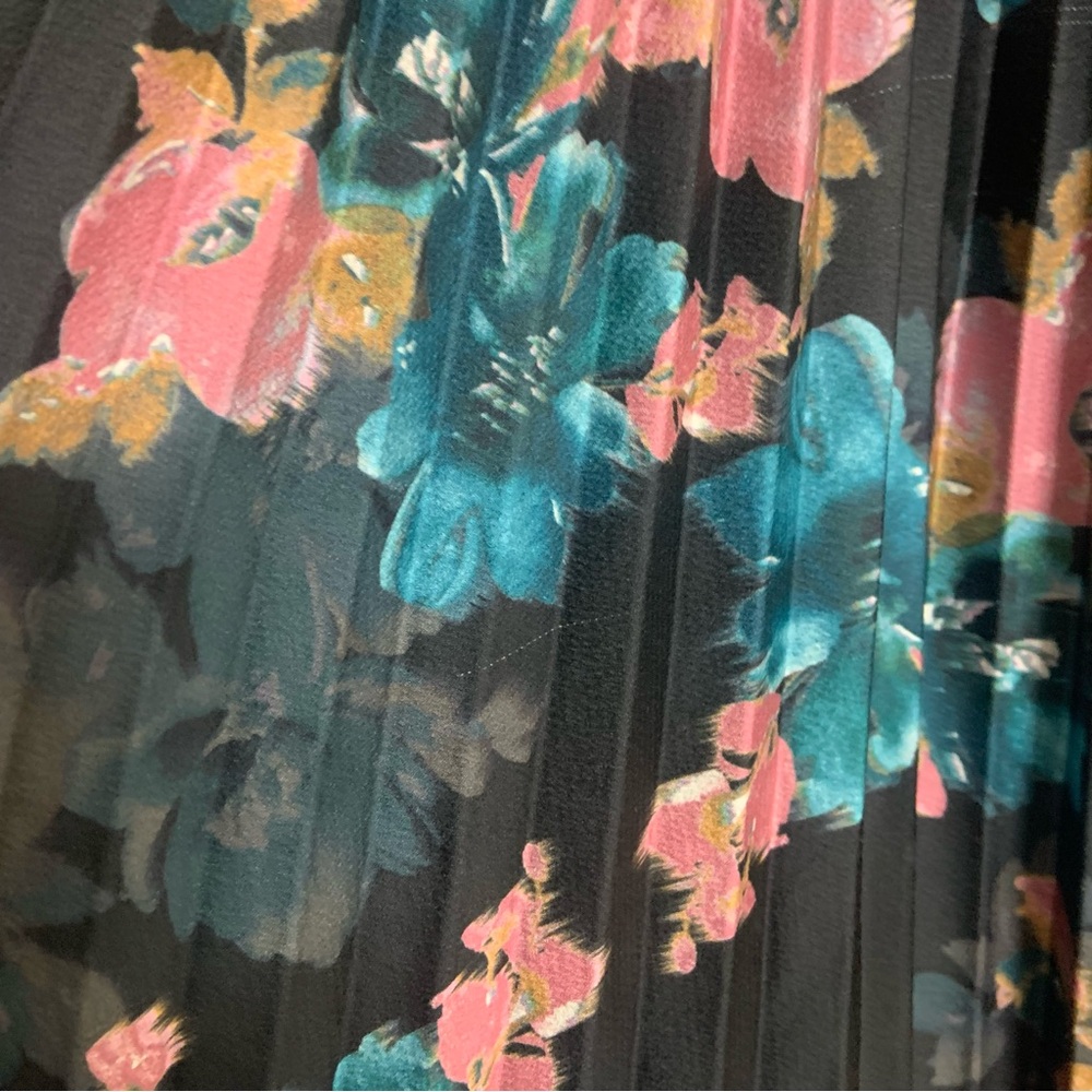Misa Los Angeles Asymmetrical Floral Skirt Black Teal Pink Tea Length Pleated M - Picture 3 of 6